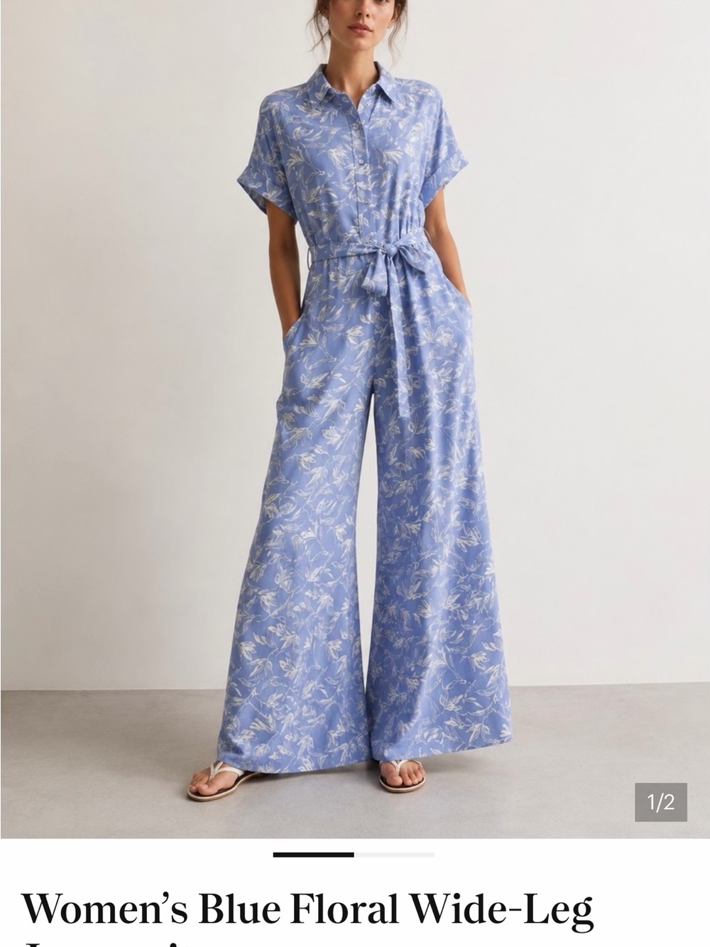 Blue Floral Wide-Leg Jumpsuit with Tie Waist